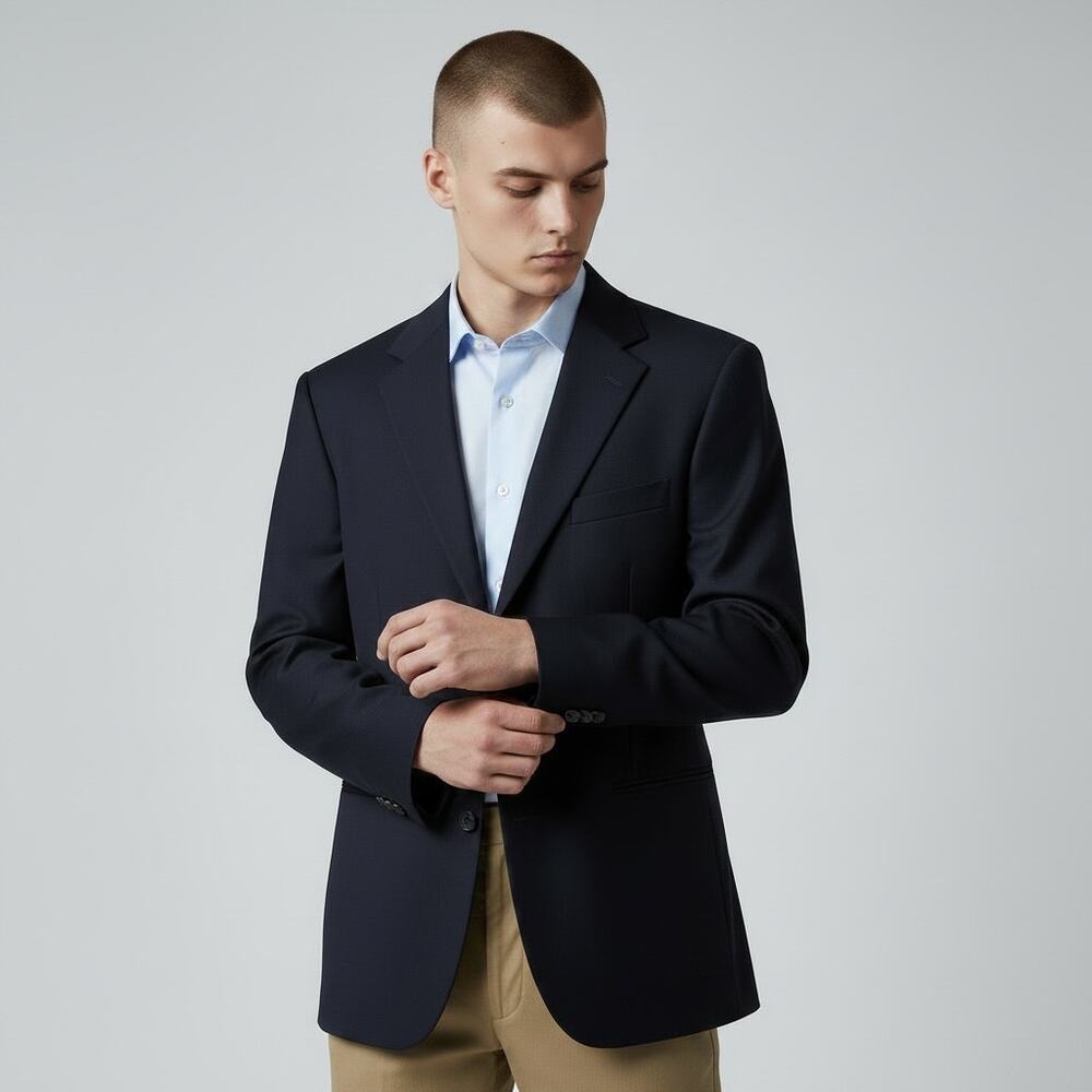 MARCO CARELLI Summer Weight 100% Worsted Wool Navy Blue Sport Coat 46R Classic